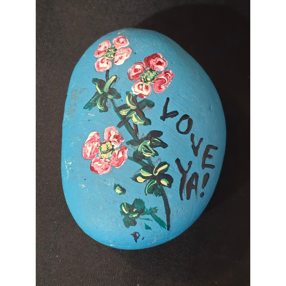 Hand Painted Love Ya Floral River Rock Turquoise Blue Pink Flowers Paperweight